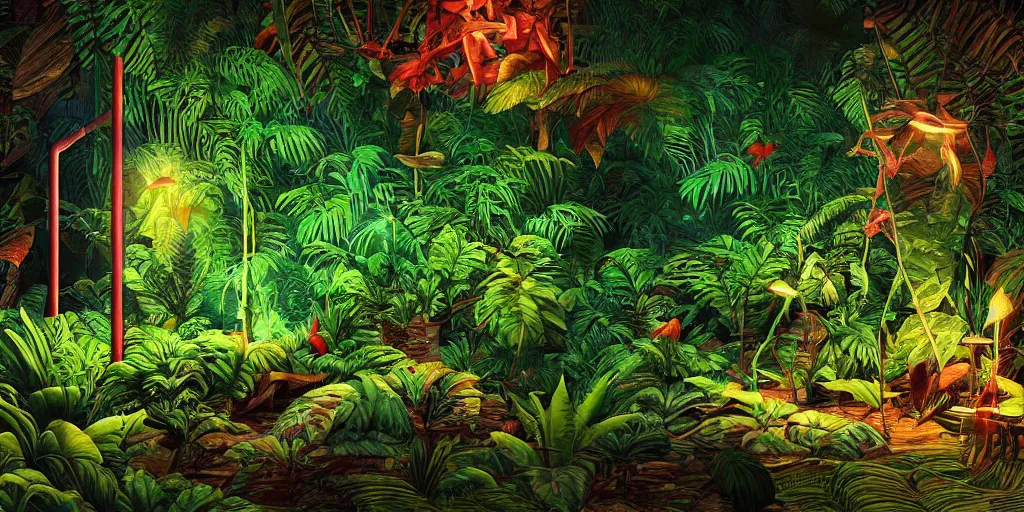 Image similar to Amazonian jungle night scene with tropical plants and leaves falling from tree and a rectangular colorful neon tube in the form of a rectangle placed in the exact center , unreal 5, hyperrealistic, realistic, photorealistic, dynamic lighting, highly detailed, cinematic landscape, studio landscape, studio lighting