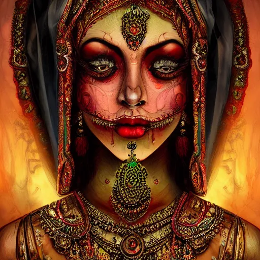 Image similar to beautiful Hindu lady of the dark with veil, cover with blood, horror terrifying, soft light, realistic, photorealistic, ultra detailed, high definition, irwin penn, full HD, 8k!