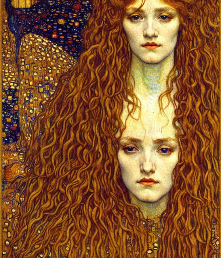 Image similar to detailed realistic beautiful young medieval queen face portrait by jean delville, gustav klimt and vincent van gogh, art nouveau, symbolist, visionary, gothic, pre - raphaelite, muted earthy colors, desaturated