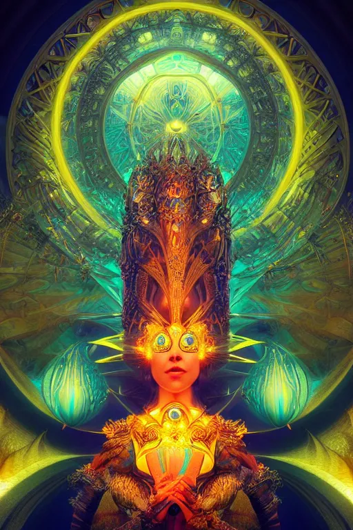 Image similar to a centered render of an alluring goddess wearing a psychedelic bio - mech mask is surrounded by a glorious sacred energy made from geometry and spiral mandel bulb fractals in a magnificent cathedral, powerful, cinematic, beautifully lit, by artgerm, by karol bak, 3 d, trending on artstation, octane render, 8 k