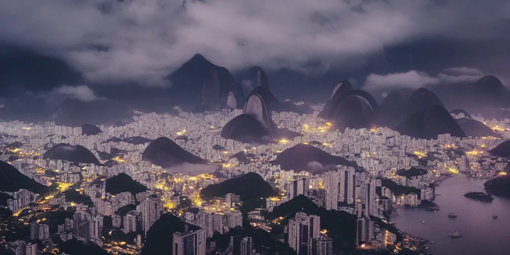 Prompt: pao de acucar in rio de janeiro brazil, trending on artstation, digital art, distant mountain, fog, city lights, low dof, professional photography, realism style