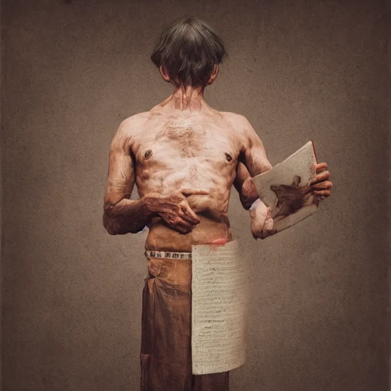 Image similar to realistic exposed expired fuji film portrait of a man holding up a codex seraphinianus, hyperrealism, hypermaximalism, photorealistic, detailed, atmospheric, 8 k, award winning photography, cinematic