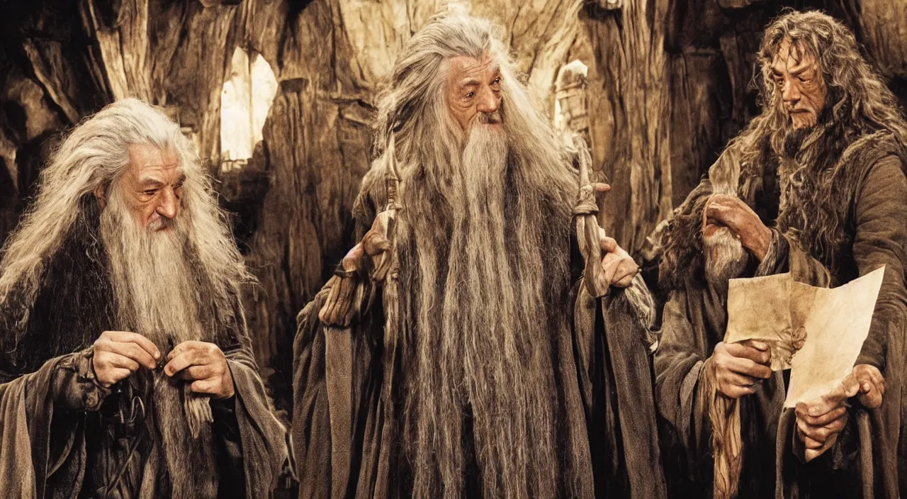 Prompt: gandalf and frodo in bag end, gandalf is holding an envelope, bag end in the style of h. r. giger, image from a movie