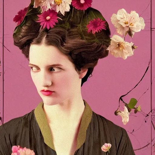 Image similar to a lot of flowers morphing in a beautiful girls face, film still by wes anderson, depicted by velazquez, limited color palette, very intricate, art nouveau, highly detailed, lights by hopper, soft pastel colors, minimalist