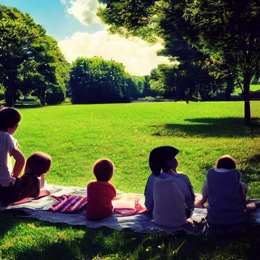 Image similar to Anime of an happy family with two boys of 10 years old and 5 years old, in Vincennes parc having a pic nic, beautiful weather, peaceful cloud, by Makoto Shinkai and James Gilleard