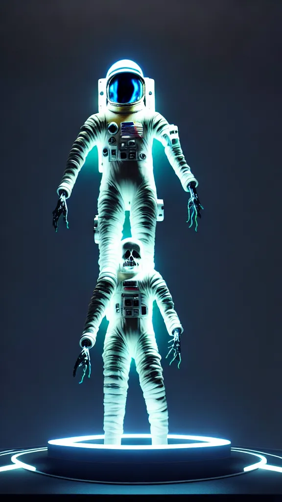 Image similar to full-body rococo and cyberpunk style neon statue of a headless astronaut with futuristic elements. ethereal white dripping tar. full-length view. human skulls on altar. intricate artwork by caravaggio. Trending on artstation, octane render, cinematic lighting from the right, hyper realism, octane render, 8k, depth of field, 3D