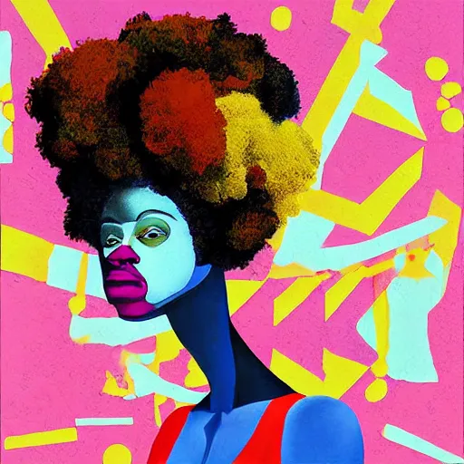 Prompt: the abstract painting of an afro lady artistic flat illustration by larry klewchuk, surrealism