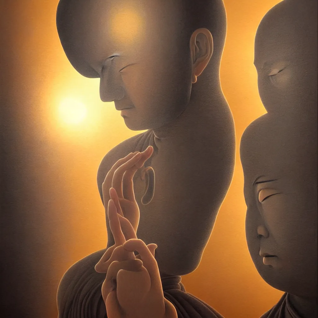 Prompt: portrait of a buddhist monk experiencing ego death at sunrise, cinematic lighting, intricate, elegant, highly detailed, lifelike, photorealistic, digital painting, concept art, smooth, sharp focus, art by katushiro otomo, bright colour tone, surrealism by rene magritte