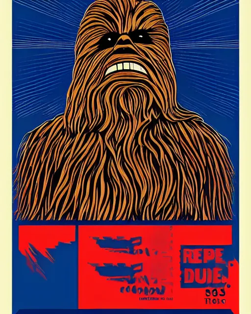 Prompt: chewbacca presidential election poster showing close up of chewbacca face red and blue duotone by sheperd fairey no text