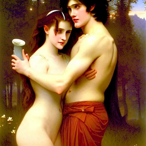 Image similar to twilight version of stranger things, portrait of edward and bella by william - adolphe bouguereau in the style of gaston bussiere, art nouveau