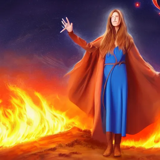 Image similar to high definition illustration of young mage woman with long blue cape, fire in outstretched hand, flowing brown hair, enjoying the view of a horizon of close planets in the sky, dense jungle, high definition, extremely detailed, hyper realism