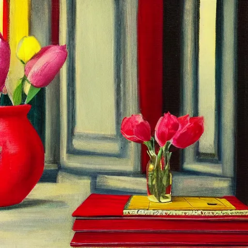 Prompt: A red book and a yellow vase.