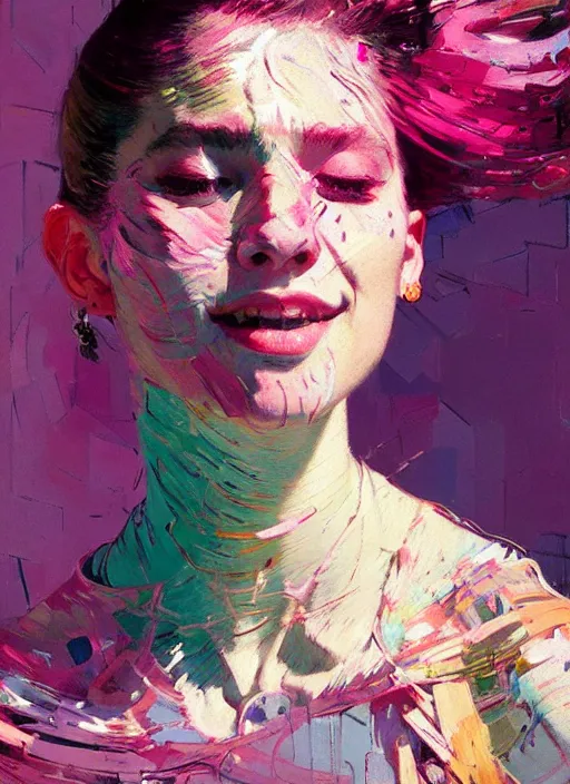 Image similar to portrait of a beautiful girl, smiling, ecstatic dancing, eyes closed, shades of pink, beautiful face, rule of thirds, intricate outfit, spotlight, by greg rutkowski, by jeremy mann, by francoise nielly, by van gogh, digital painting