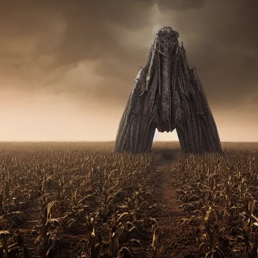 Prompt: large ominous alien structure in the middle of a corn field, dark, moody, highly detailed, trending on artstation, concept art, sharp focus, octane render, dramatic volumetric lighting, art by hr giger