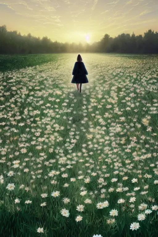 Image similar to giant white daisy flower veil, girl walking in a flower field, surreal photography, sunrise, dramatic light, impressionist painting, colorful clouds, digital painting, artstation, simon stalenhag