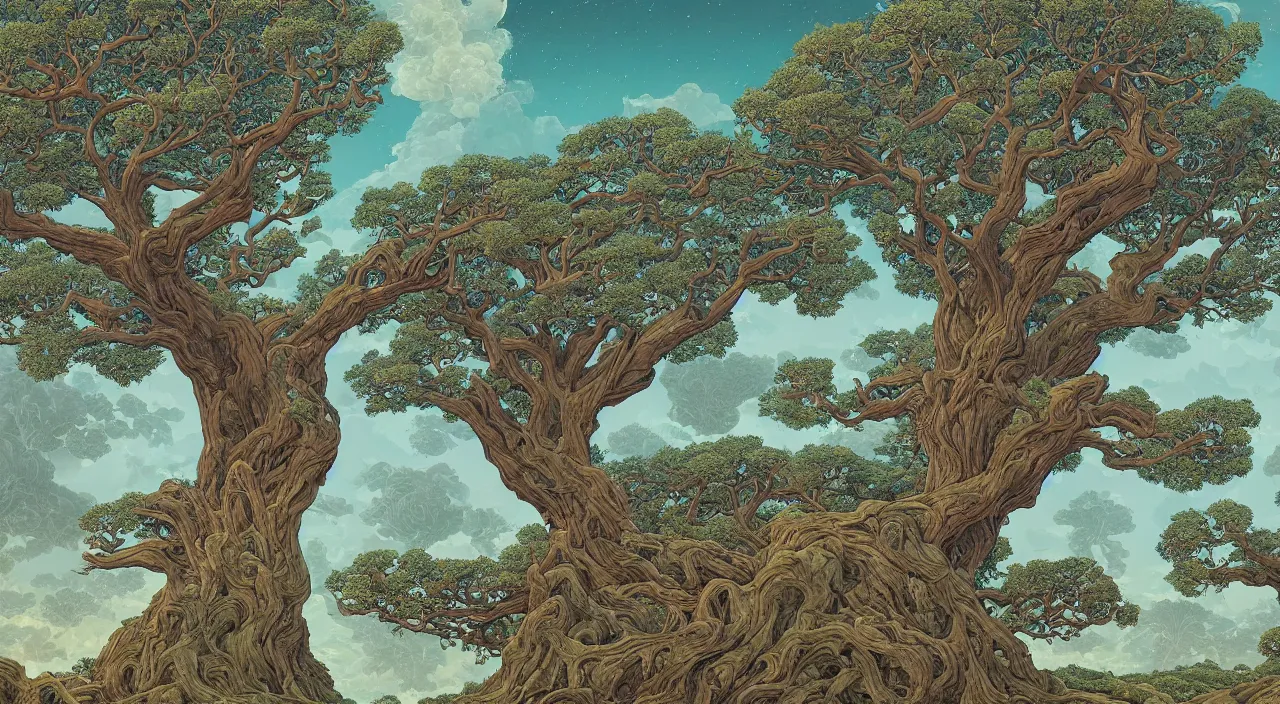 Prompt: A Beautifully Enigmatic Painting of a Dreamy Landscape with a giant oak tree of life by Laurie Greasley, Victo Ngai, Taro Okamoto, Benoit B. Mandelbrot, Caspar David Friedrich, Rich Colours, 4K 64 megapixels 8K resolution HDR Cinema 4D