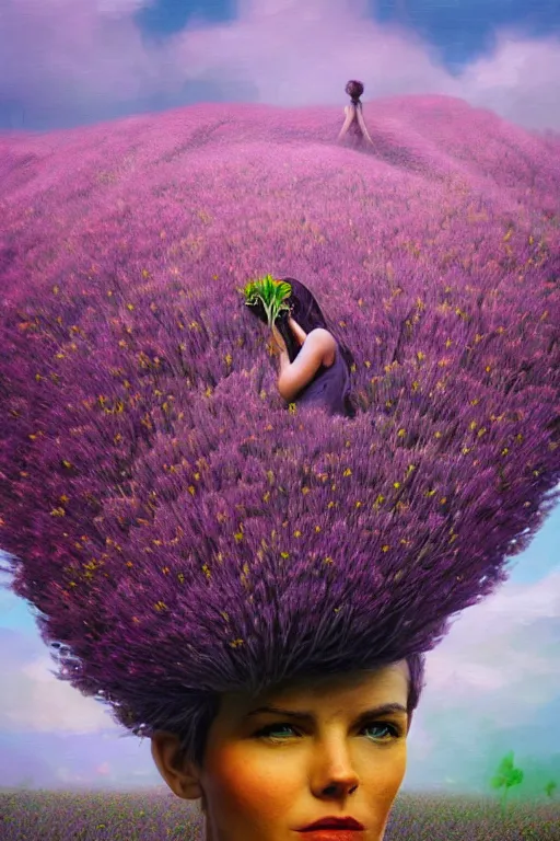 Prompt: closeup, giant flower head mohawk, a woman in heather field, surreal photography, starlight, storm clouds, impressionist painting, digital painting, artstation, simon stalenhag