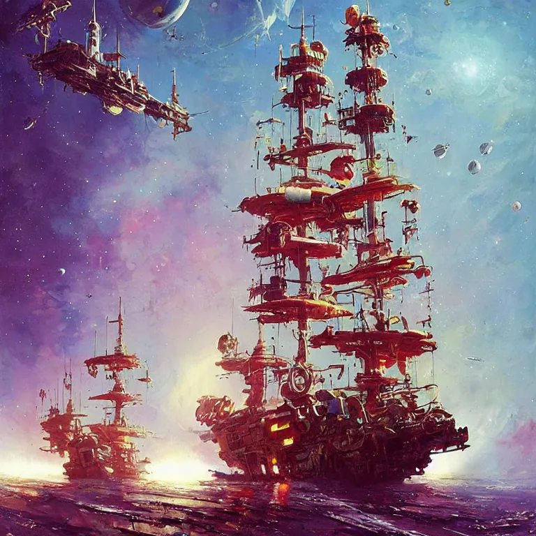 Image similar to pirate ship in space, sci-fi concept art, by * Simon Stålenhag, by John Berkey, highly detailed