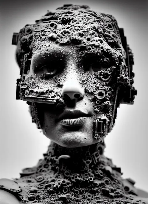 Prompt: a young female cyborg bust made of ice and smoke and wet mud, dramatic, ilford hp 5, closeup - view, f / 2. 8, high contrast, 1 6 k, fluorescent lamp, contre - jour, insanely detailed and intricate, hypermaximalist, elegant, ornate, hyper realistic, super detailed