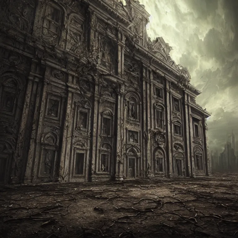 Image similar to ribbed abandoned giant building, baroque painting, standing in a desolate empty wasteland, creepy, nightmare, dream-like heavy atmosphere, surreal abandoned buildings, beautiful detailed intricate insanely detailed octane render trending on Artstation, 8K artistic photography, photorealistic, chiaroscuro, Raphael, Caravaggio, Beksinski, Giger