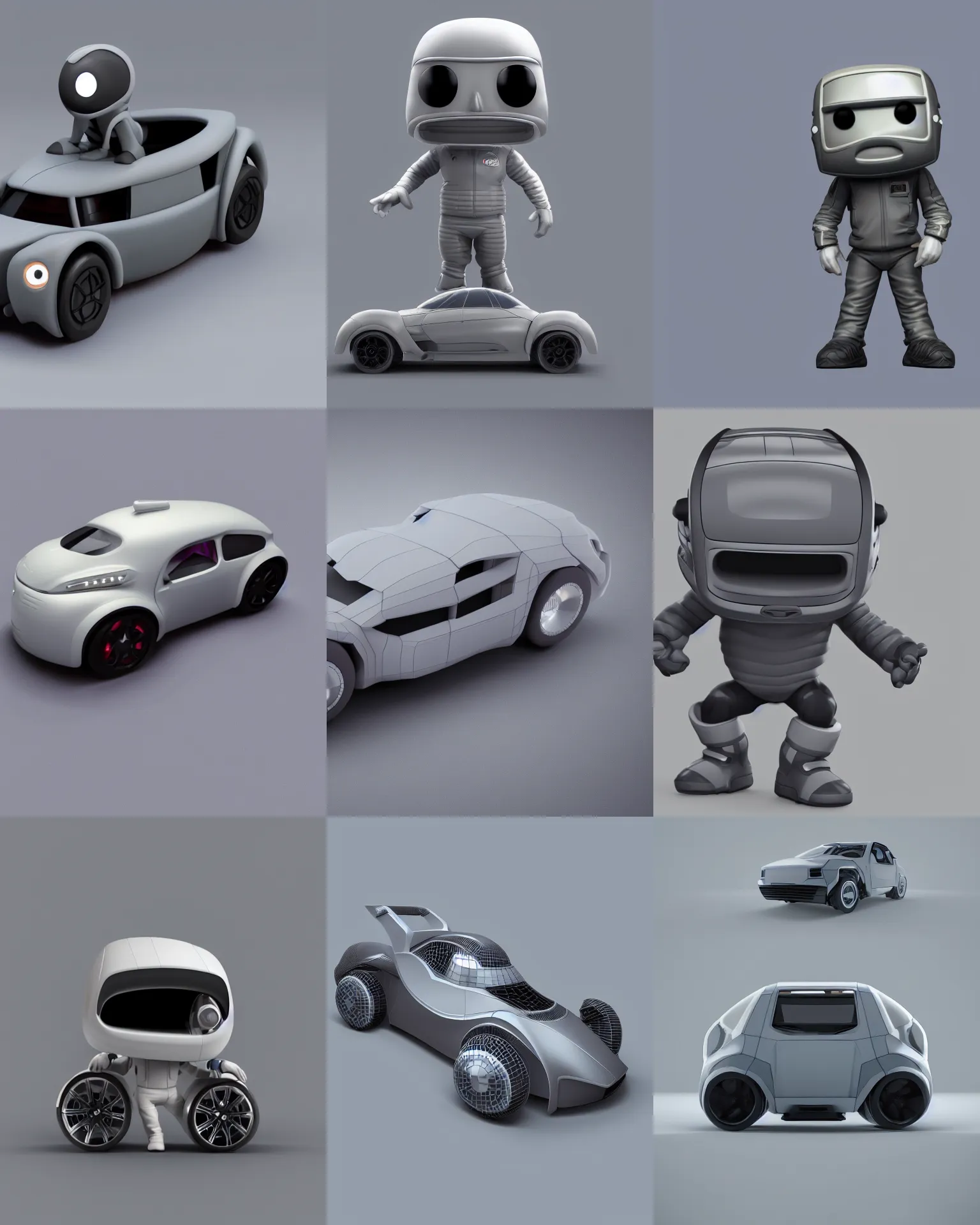 Prompt: full body 3 d render of futuristic car as a funko pop!, studio lighting, grey background, single body, no shadow, blender, trending on artstation, 8 k, highly detailed