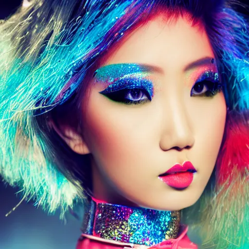 Image similar to japanese model with maximalist hair style and makeup, bright colors, fashion model, portrait shot, glitter, depth of field, 8 k, hyper detailed, intricate, trending on artstation