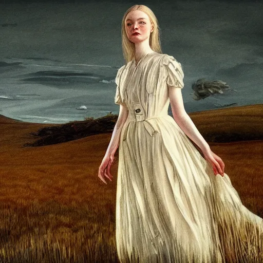 Image similar to Elle Fanning in the painted world of Westworld, head and shoulders masterpiece, apocalypse, golden hour, cosmic horror, artstation, in the style of Andrew Wyeth and Edward Hopper and Bosch, extremely detailed