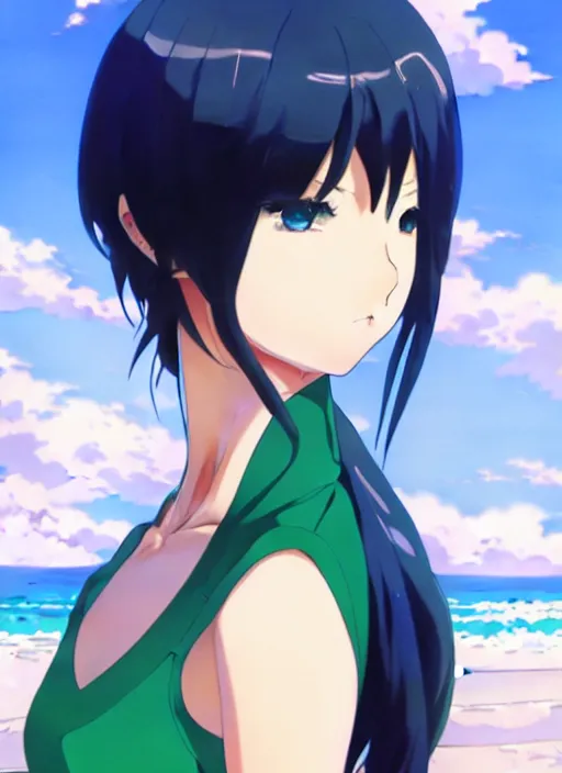Image similar to makoto shinkai, artgerm, ilya kuvshinov, beautiful anime women with green dress, long blue hair, water powers water swirling, symmetrical face, symmetrical eyes, detailed, beach setting, cinematic lighting