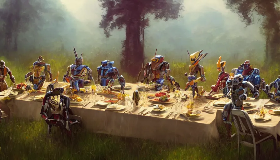 Image similar to a table dinner of transformers robots where robots are dressed like the characters from the midsommar movie, realistic detailed digital art by maxwell boas jessica rossier christian dimitrov anton fadeev trending on artstation cgsociety rendered in unreal engine 4 k hq