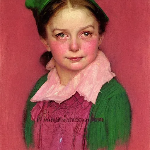 Prompt: Frontal portrait of a pink witch. A painting by Norman Rockwell.