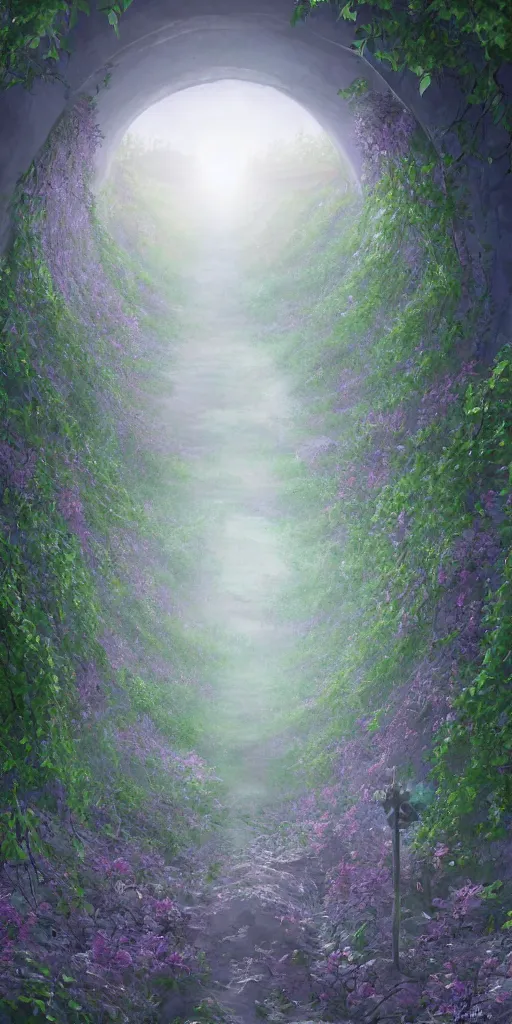 Image similar to a christian cross as the light at the end of the tunnel, with pale purple and pale pink lighting, with a few vines and overgrowth, studio ghibli, cinematic, realistic painting, high definition, digital art, symmetrical, very detailed, extremely high detail, photo realistic, concept art, unreal engine 5,