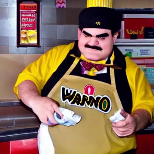Prompt: a picture of wario working at mcdonald's