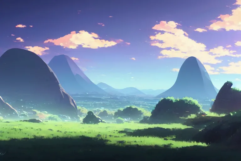 Image similar to blue rocky landscape, flat platue, mountains in the distance, a planet on the horizon, alien world, by makoto shinkai an krenz cushart
