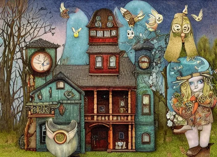 Image similar to a house with a tower, owl, birds, cheese, lowbrow in the style of mark ryden and john bauer,