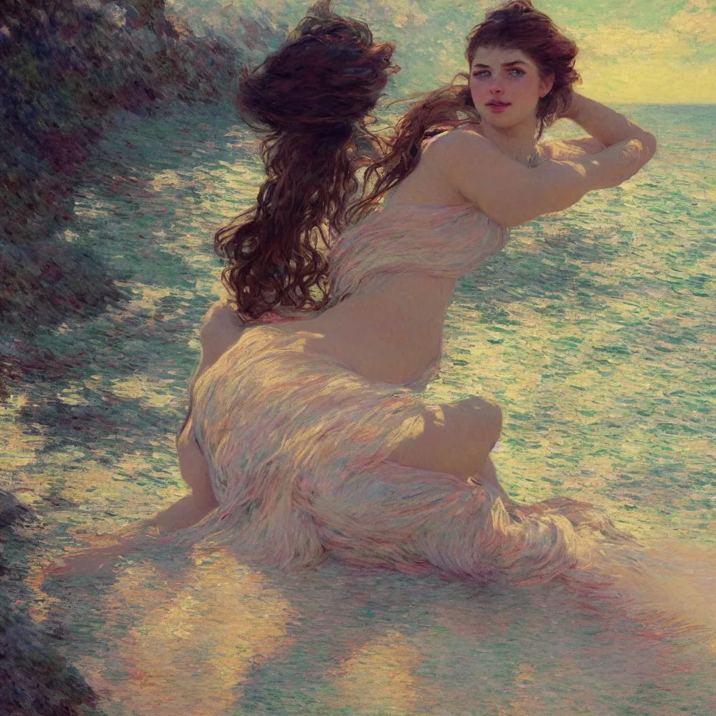 Image similar to illustration studio portrait of one beautiful girl in an artistic pose resting at the beach, monet painterly motives and textures pattern, hyper detailed, octane render, vivid colors, artstation, by jeremy mann, by alphonse mucha, by monet