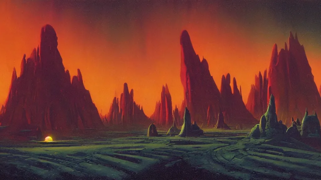 Image similar to mysterious monuments of an alien civilization by paul lehr and john schoenherr, cinematic matte painting