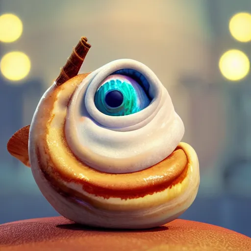 Prompt: cute cartoon snail with a cinnamon roll shell, still from pixar movie, disney 3 d, 8 k, octane render