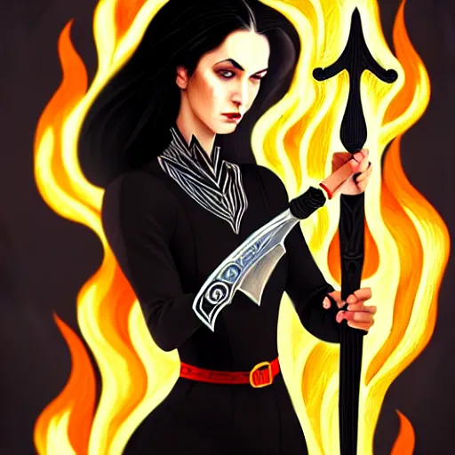 Image similar to portrait, woman with black hair called the lady of ash wielding a sword, elegant, digital illustration, fire magic, detailed, intricate, sharp focus, digital painting