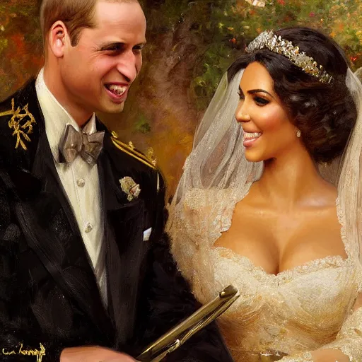 Prompt: detailed painting of prince william marrying attractive kim kardashian, highly detailed painting by gaston bussiere, craig mullins, j. c. leyendecker 8 k, smiling couple, royal painting