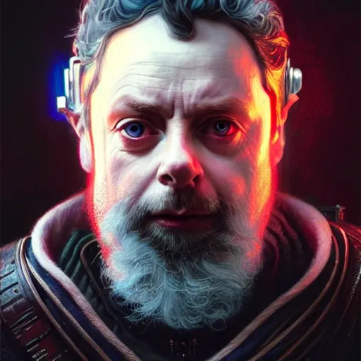 Prompt: portrait painting of a cyberpunk dwarf mage michael sheen, ultra realistic, concept art, intricate details, eerie, highly detailed, photorealistic, octane render, 8 k, unreal engine. art by artgerm and greg rutkowski and charlie bowater and magali villeneuve and alphonse mucha