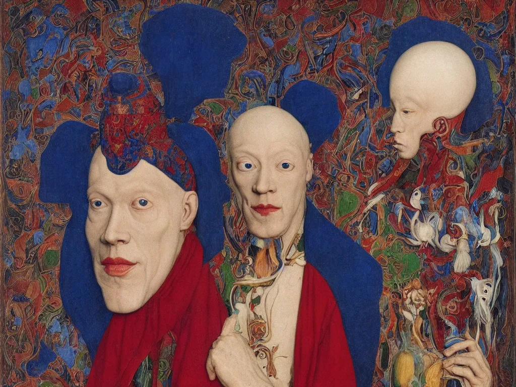 Image similar to Portrait of albino mystic with blue eyes, with beautiful exotic Tibetan shamanic death mask. Painting by Jan van Eyck, Audubon, Rene Magritte, Agnes Pelton, Max Ernst, Walton Ford