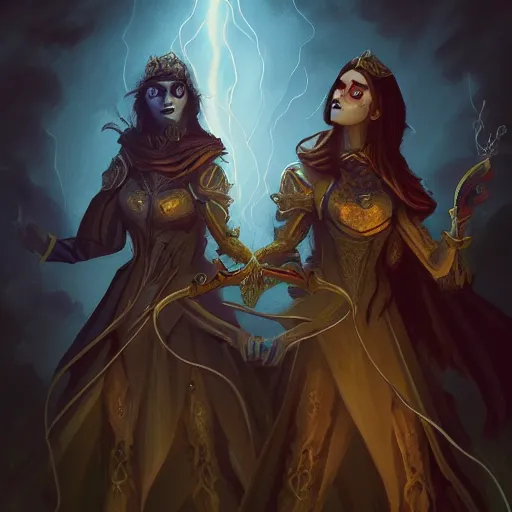 Image similar to a tarot card of a two female necromancers casting spells, ominous nighttime storm, fantasy, d & d, intricate, elegant, highly detailed, digital painting, artstation, concept art, matte, sharp focus, illustration, art in the style of disney