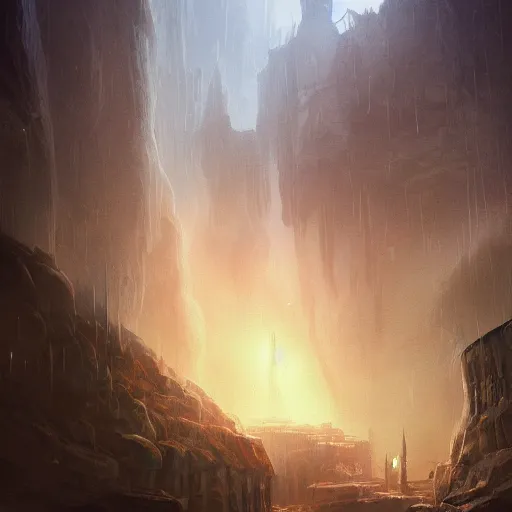 Image similar to a fantasy city built within a vast cave, illustration, raining, dark and moody lighting, digital art, fantasy, 8 k, trending on artstation, detailed