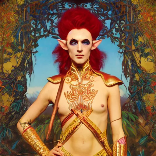 Image similar to photograph of a beautiful and androgynous half - elf with medium skin tone and messy short red hair and copper eyes with slit pupils, dressed in a colorful jodhpuri suit, dnd character, golden hour, by ross tran and gerald brom and kehinde wiley and fernando amorsolo and alphonse mucha, trending on artstation