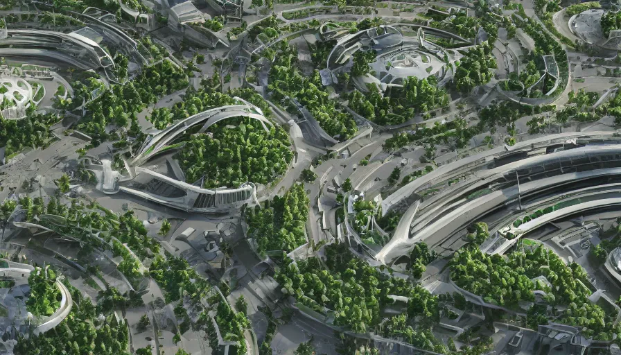 Image similar to futuristic city with huge green roundabout, trees around it, buildings, stadium, crowded streets, hyperdetailed, artstation, cgsociety, 8 k