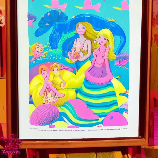 Image similar to kenner sea wees mermaids, glamour gals, mattel strawberry shortcake, dr snuggles cartoon, mushroom fantasy land, pastel rainbows, peter max yellow submarine style. professional poster. award winning.