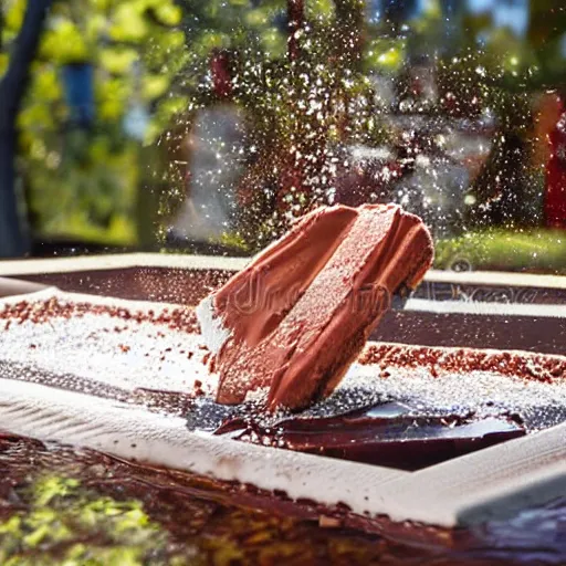 Prompt: person sliding through chocolate pudding head first, slip n slide, stock photography, no watermark