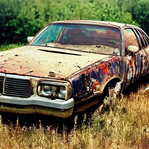 Prompt: A long shot photograph of a rusty, worn out, broken down, decrepit, run down, dingy, faded, chipped paint, tattered, beater 1976 Denim Blue Dodge Aspen in a farm field, photo taken in 1990