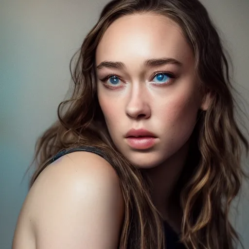 Prompt: alycia debnam carey standing posing for a photo, award winning photography, hdr, studio lighting, dynamic pose, medium close shot, shot on canon eos r 5, f / 2. 5,