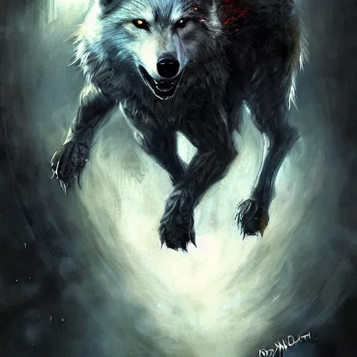 Prompt: direwolf painted by Raymond Swanland